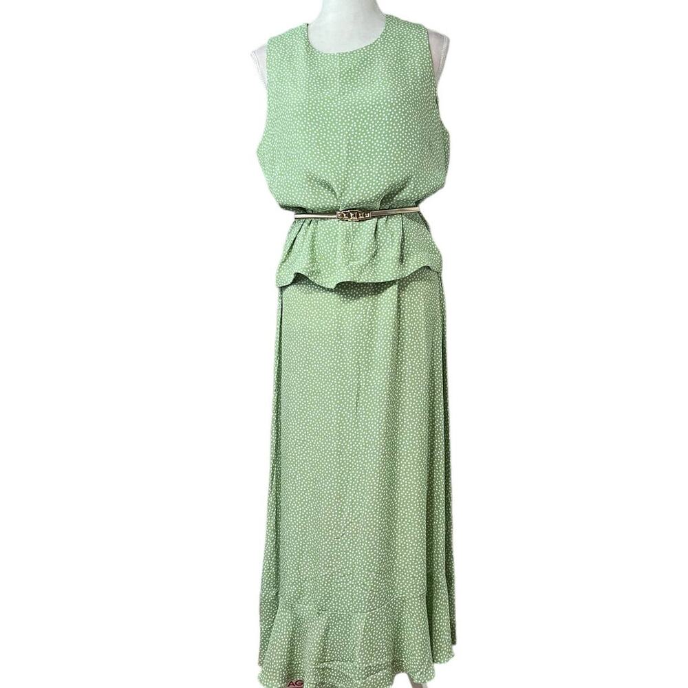 Dressbarn Women’s Polka Rayon Vintage ruffle hem Maxi Dress sz 14 green